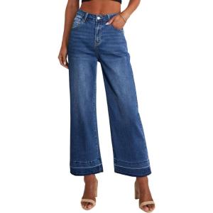 image:imageCHOUYATOU Womens 2026 Distressed Wide Leg Jeans High Waisted Fringe Capri Jeans Boyfriend Baggy Barrel Denim PantsDark Blue