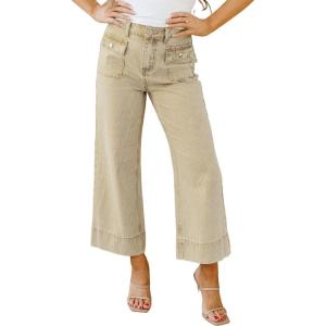 image:imageCHOUYATOU Womens 2026 Striped Wide Leg Jeans Vintage Barrel Denim Pants Y2k Boyfriend Baggy Capri JeansApricot