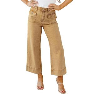 image:imageCHOUYATOU Womens 2026 Striped Wide Leg Jeans Vintage Barrel Denim Pants Y2k Boyfriend Baggy Capri JeansKhaki