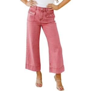 image:imageCHOUYATOU Womens 2026 Striped Wide Leg Jeans Vintage Barrel Denim Pants Y2k Boyfriend Baggy Capri JeansWatermelon Red
