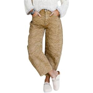 image:imageCHOUYATOU Womens Baggy Barrel Jeans Wide Leg Boyfriend Jeans High Waisted Y2K Cropped Denim Harem PantsKhaki