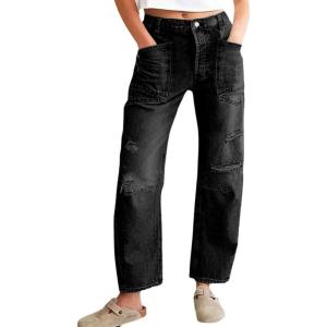 image:imageCHOUYATOU Womens Distressed Mid Rise Barrel Jeans Boyfriend Y2K Ripped Patchwork Denim Pant with PocketsBlack