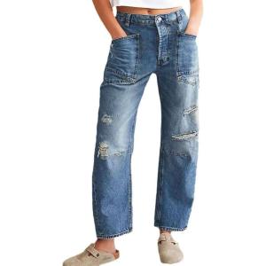 image:imageCHOUYATOU Womens Distressed Mid Rise Barrel Jeans Boyfriend Y2K Ripped Patchwork Denim Pant with PocketsBlue
