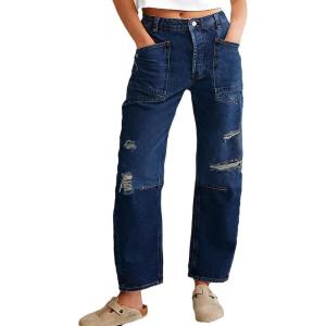 image:imageCHOUYATOU Womens Distressed Mid Rise Barrel Jeans Boyfriend Y2K Ripped Patchwork Denim Pant with PocketsDark Blue