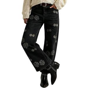 image:imageCHOUYATOU Womens Y2K Floral Embroidery Denim Ankle Pants Boyfriend Wide Leg Mid Rise Boho Palazzo JeansBlack