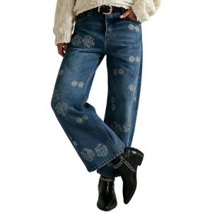 image:imageCHOUYATOU Womens Y2K Floral Embroidery Denim Ankle Pants Boyfriend Wide Leg Mid Rise Boho Palazzo JeansBlue