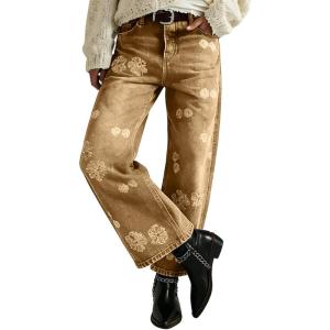 image:imageCHOUYATOU Womens Y2K Floral Embroidery Denim Ankle Pants Boyfriend Wide Leg Mid Rise Boho Palazzo JeansKhaki