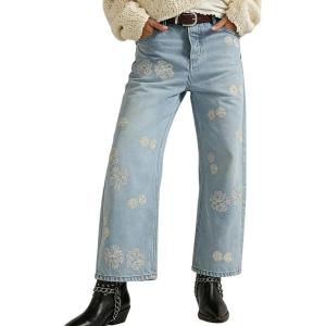 image:imageCHOUYATOU Womens Y2K Floral Embroidery Denim Ankle Pants Boyfriend Wide Leg Mid Rise Boho Palazzo JeansLight Blue