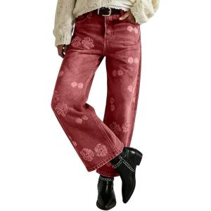 image:imageCHOUYATOU Womens Y2K Floral Embroidery Denim Ankle Pants Boyfriend Wide Leg Mid Rise Boho Palazzo JeansRose Red