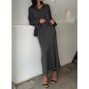 image:imagechouyatou Womens 2 Piece Knitted Sets Polo Collared Sweater Long Bodycon Skirt Two Piece Sweater Skirt OutfitsGrey