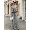 image:imagechouyatou Womens Gingham Cotton 2 Piece Outfits Peplum Ruffle Tank Top Wide Leg Long Palazzo Pants SetBlack