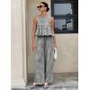 image:imagechouyatou Womens Gingham Cotton 2 Piece Outfits Peplum Ruffle Tank Top Wide Leg Long Palazzo Pants SetBlack