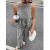 image:imagechouyatou Womens Gingham Cotton 2 Piece Outfits Peplum Ruffle Tank Top Wide Leg Long Palazzo Pants SetBlack