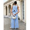 image:imagechouyatou Womens Gingham Cotton 2 Piece Outfits Peplum Ruffle Tank Top Wide Leg Long Palazzo Pants SetBlue