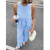 image:imagechouyatou Womens Gingham Cotton 2 Piece Outfits Peplum Ruffle Tank Top Wide Leg Long Palazzo Pants SetBlue