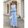 image:imagechouyatou Womens Gingham Cotton 2 Piece Outfits Peplum Ruffle Tank Top Wide Leg Long Palazzo Pants SetBlue