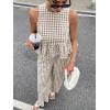 image:imagechouyatou Womens Gingham Cotton 2 Piece Outfits Peplum Ruffle Tank Top Wide Leg Long Palazzo Pants SetBrown