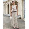 image:imagechouyatou Womens Gingham Cotton 2 Piece Outfits Peplum Ruffle Tank Top Wide Leg Long Palazzo Pants SetBrown