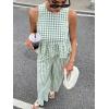 image:imagechouyatou Womens Gingham Cotton 2 Piece Outfits Peplum Ruffle Tank Top Wide Leg Long Palazzo Pants SetGreen