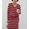 image:imagechouyatou Womens Striped Knit Skirt 2 Piece Outfits Button Down Cardigan and Package Hip Long Skirt Matching SetsDark Red