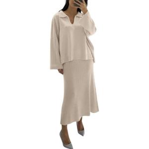 image:imagechouyatou Womens 2 Piece Knitted Sets Polo Collared Sweater Long Bodycon Skirt Two Piece Sweater Skirt OutfitsApricot