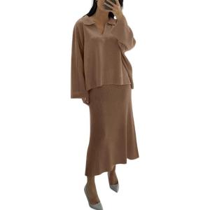 image:imagechouyatou Womens 2 Piece Knitted Sets Polo Collared Sweater Long Bodycon Skirt Two Piece Sweater Skirt OutfitsCamel