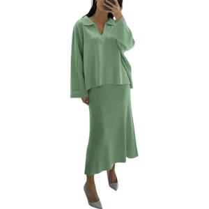 image:imagechouyatou Womens 2 Piece Knitted Sets Polo Collared Sweater Long Bodycon Skirt Two Piece Sweater Skirt OutfitsGreen