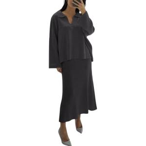 image:imagechouyatou Womens 2 Piece Knitted Sets Polo Collared Sweater Long Bodycon Skirt Two Piece Sweater Skirt OutfitsGrey