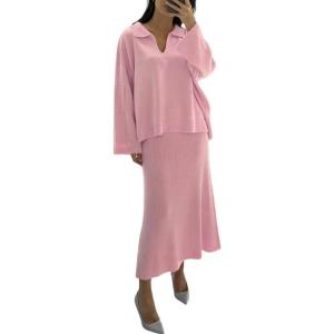 image:imagechouyatou Womens 2 Piece Knitted Sets Polo Collared Sweater Long Bodycon Skirt Two Piece Sweater Skirt OutfitsPink