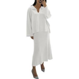 image:imagechouyatou Womens 2 Piece Knitted Sets Polo Collared Sweater Long Bodycon Skirt Two Piece Sweater Skirt OutfitsWhite