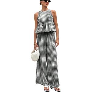 image:imagechouyatou Womens Gingham Cotton 2 Piece Outfits Peplum Ruffle Tank Top Wide Leg Long Palazzo Pants SetBlack