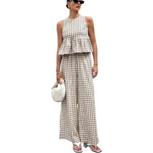 image:imagechouyatou Womens Gingham Cotton 2 Piece Outfits Peplum Ruffle Tank Top Wide Leg Long Palazzo Pants SetBrown