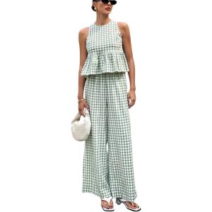image:imagechouyatou Womens Gingham Cotton 2 Piece Outfits Peplum Ruffle Tank Top Wide Leg Long Palazzo Pants SetGreen