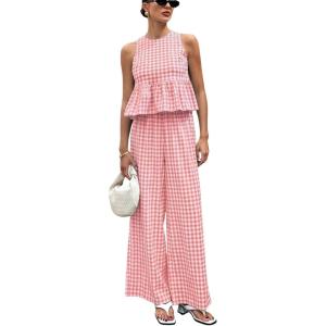 image:imagechouyatou Womens Gingham Cotton 2 Piece Outfits Peplum Ruffle Tank Top Wide Leg Long Palazzo Pants SetPink