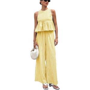 image:imagechouyatou Womens Gingham Cotton 2 Piece Outfits Peplum Ruffle Tank Top Wide Leg Long Palazzo Pants SetYellow