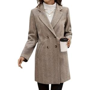 image:imagechouyatou Womens Herringbone Wool Pea Coat Double Breasted Notched Lapel Mid Long Blazer Jacket Outerwear OvercoatKhaki