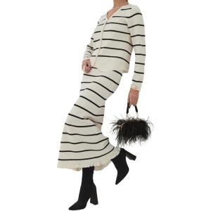 image:imagechouyatou Womens Striped Knit Skirt 2 Piece Outfits Button Down Cardigan and Package Hip Long Skirt Matching SetsBeige White