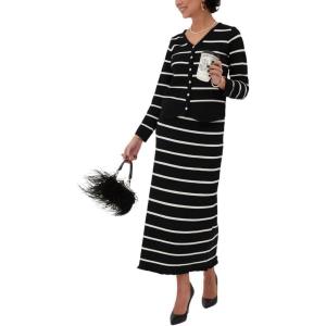 image:imagechouyatou Womens Striped Knit Skirt 2 Piece Outfits Button Down Cardigan and Package Hip Long Skirt Matching SetsBlack