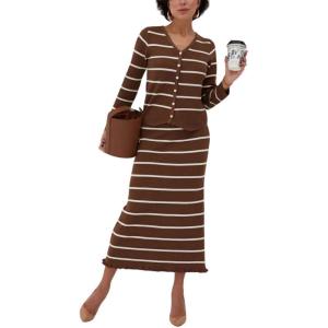 image:imagechouyatou Womens Striped Knit Skirt 2 Piece Outfits Button Down Cardigan and Package Hip Long Skirt Matching SetsCoffee Brown