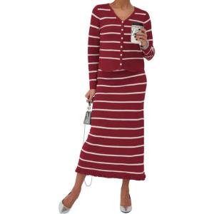 image:imagechouyatou Womens Striped Knit Skirt 2 Piece Outfits Button Down Cardigan and Package Hip Long Skirt Matching SetsDark Red