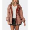 image:imageCHOUYATOU Womens 2026 Spring Hooded Denim Jacket Zip Up Jean Hoodie Trench Coat Casual Loose Bomber JacketBrown