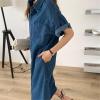 image:imagechouyatou Women Distressed Short Sleeve Shirt Dress Button Down Lapel Shift Midi Denim Dress with PocketsBlue
