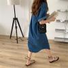 image:imagechouyatou Women Distressed Short Sleeve Shirt Dress Button Down Lapel Shift Midi Denim Dress with PocketsBlue