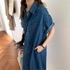 image:imagechouyatou Women Distressed Short Sleeve Shirt Dress Button Down Lapel Shift Midi Denim Dress with PocketsBlue
