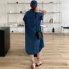 image:imagechouyatou Women Distressed Short Sleeve Shirt Dress Button Down Lapel Shift Midi Denim Dress with PocketsBlue