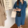 image:imagechouyatou Women Distressed Short Sleeve Shirt Dress Button Down Lapel Shift Midi Denim Dress with PocketsBlue