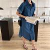 image:imagechouyatou Women Distressed Short Sleeve Shirt Dress Button Down Lapel Shift Midi Denim Dress with PocketsBlue