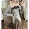 image:imagechouyatou Womens 2 Piece Outfits Cute Shrug Cardigan Sweater and 3D Flower Irregular Ribbed Knit Tube Top SetsGray
