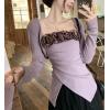 image:imagechouyatou Womens 2 Piece Outfits Cute Shrug Cardigan Sweater and 3D Flower Irregular Ribbed Knit Tube Top SetsPurple