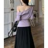 image:imagechouyatou Womens 2 Piece Outfits Cute Shrug Cardigan Sweater and 3D Flower Irregular Ribbed Knit Tube Top SetsPurple